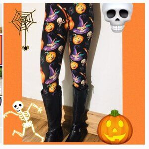 HALLOWEEN LEGGINGS WITCH PUMPKINS SKULLS SKELETONS ORANGE BLACK PURPLE